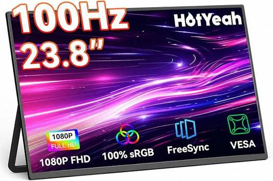 HotYeah 23.8" 100Hz Portable Monitor, 1080P FHD 100% sRGB IPS USB-C HDMI Large External Monitor, Home Gaming 2nd Screen w/180° Adjustable Kickstand for MacBook, Laptop, PC, Phone, Tablet, Switch, PS5