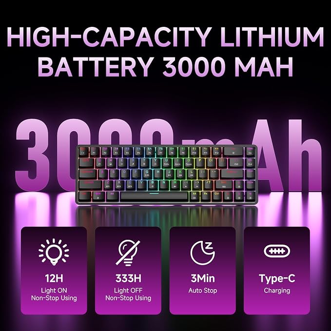 DIERYA DK68 60% Wireless Mechanical Gaming Keyboard, Triple Mode 2.4GHz/USB-C/BT5.0 with Red Switch, RGB Backlit, Anti-Ghosting Keys, 68 Keys Portable Mini Wired Office Keyboard-Black