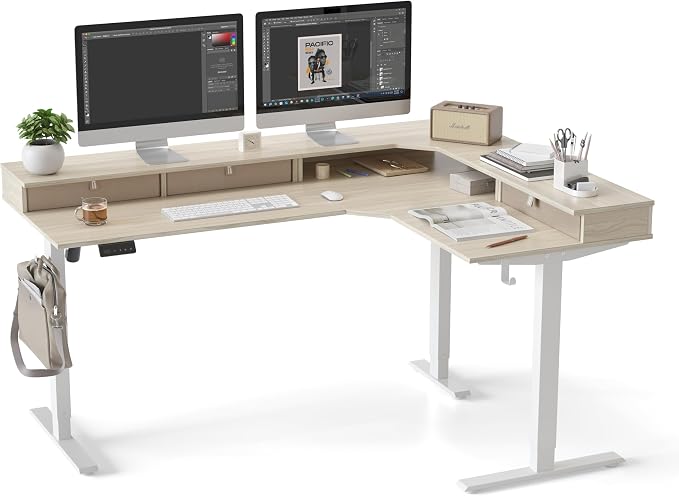 CubiCubi L Shaped Standing Desk with Drawers 63 x 48 Inch Adjustable Height, Electric Corner Desk with Storage, Sit Stand Home Office Desk with Splice Board, Light Walnut