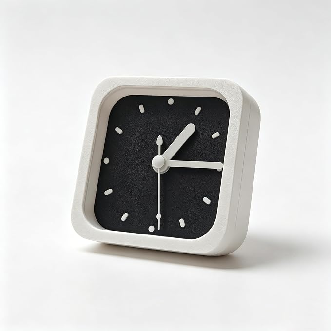 Mini 3 Inch Silent Analog Clock, Magnetic & Wall Mountable, Square Minimalist Design, Battery Operated, Black & White, for Bedroom, Kitchen, Office & Desk (White)