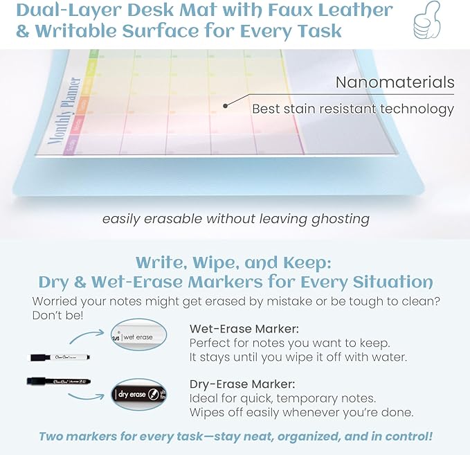 Multi-Functional Dual-Layer Dry Erase Desk Mat, Dry Erase Calendar for Desk - Erasable Desktop Writing Board with Calendar - Non-Slip Faux Leather Desk Protector for Home&Office - 16"x34" Blue