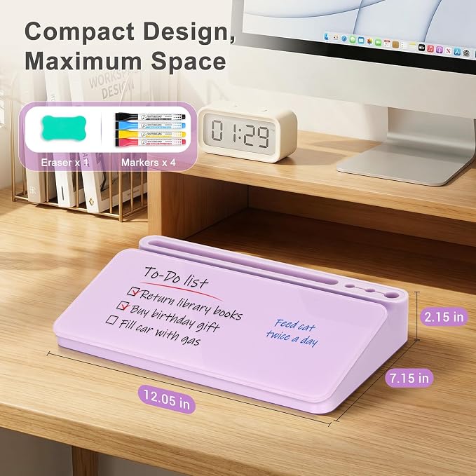 WALGLASS Small Desktop Whiteboard with Storage, Glass Desk Dry Erase White Board Computer Keyboard Stand with Drawer, Desk Organizers with Accessories for Office, Home, School Supplies Purple