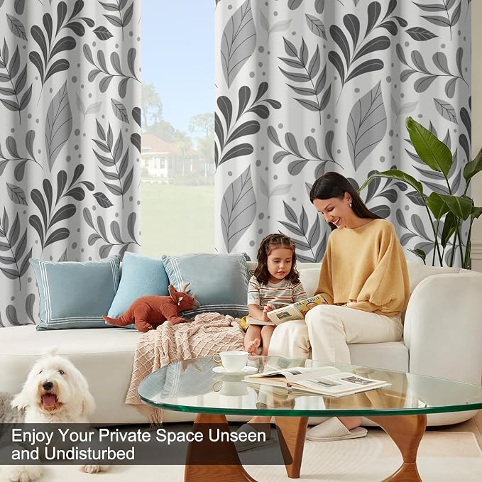 Blackout Curtains for Bedroom and Living Room, Grey Leaves Patterned Grommet Thermal Insulated Room Darkening Bedroom Curtains 2 Panels Set, Light Filtering Soundproof Black Out Curtains 84 Inch Long