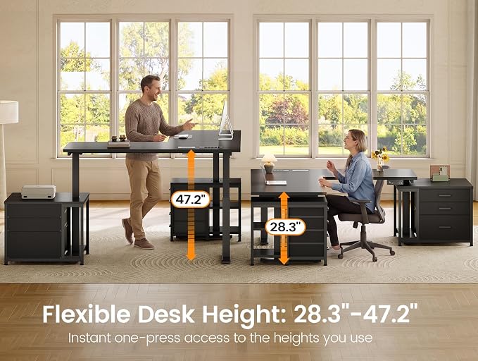 SEDETA 63" L Shaped Electric Standing Desk, Height Adjustable Corner Desk with 7 Fabric Storage Drawers & Power Outlet, 3 Memory Heights, 200lbs Capacity for Home Office Gaming, Black