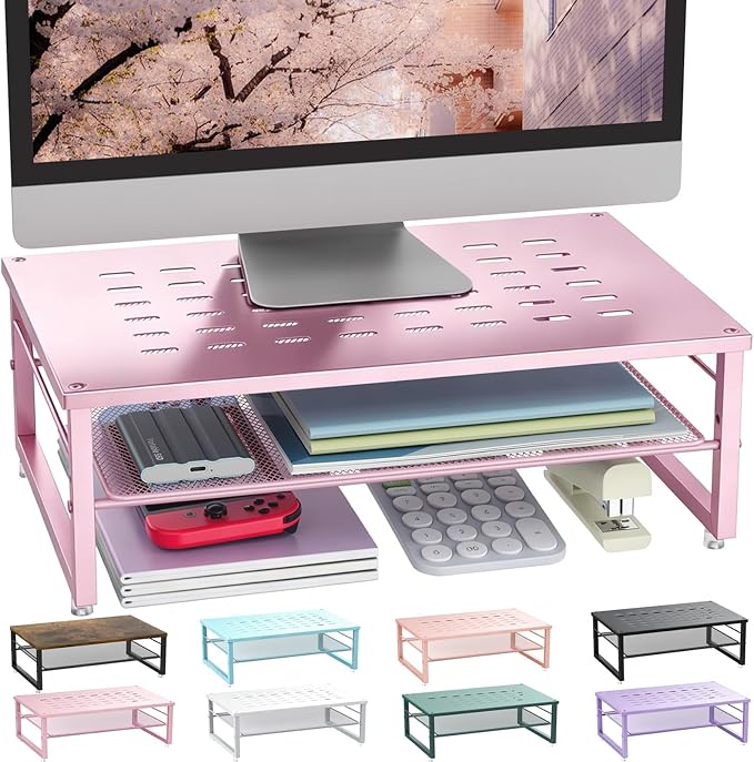 Gianotter 2-Tier Metal Monitor Stand Riser, Workspace Organizer with Desk Accessories, Office Storage for Supplies (Pink)