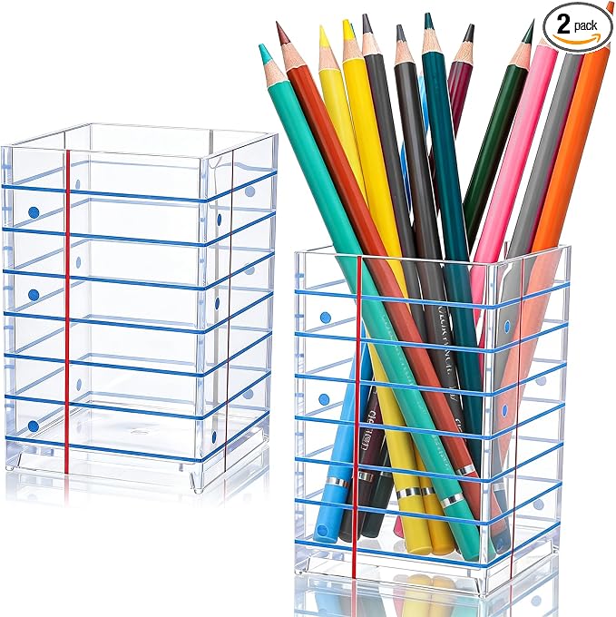 2Pcs Back to School Clear Acrylic Pen Holder with Blue Line, Pencil Holder for Desk Makeup Brush Holder for Teacher Students Home Office Classroom, 2.6x 2.6x 4 inches