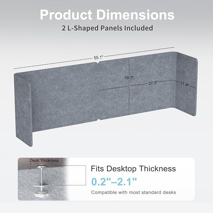 Desk Privacy Panel, 2-Pack L-Shaped Desk Divider, Acoustic Office Partition | Clamp-on 55.2" × 18.7" Grey Felt Panels, Tackable Surface for Notes, Create Private Workspace Reduces Noise, for Home Office