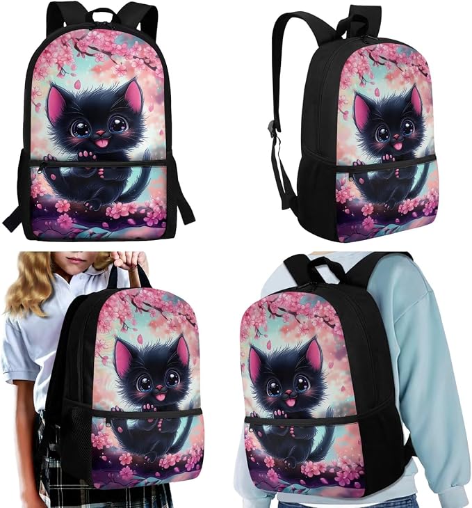 WELLFLYHOM 6-11 Kid 4 In 1 Cute Cat Bookbag Set, 17 Inch Cherry Blossom Backpack with Lunch Box for Girls, Back to School Supplies for Elementary Students, Mochila Para Niñas