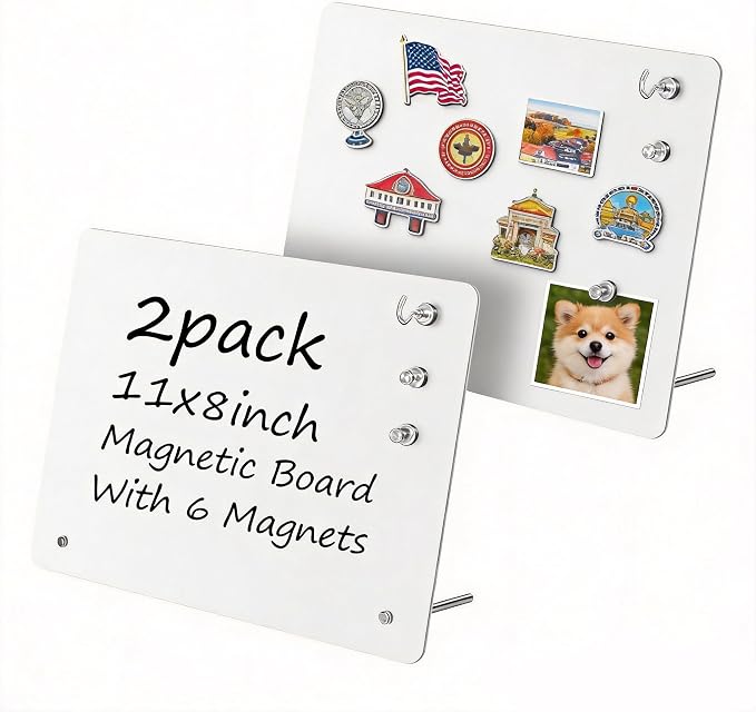 2 Pack Small Magnet Board - White Magnetic Board | 11x8Inch Metal Magnetic Bulletin Board with 6 Magnets, Magnet Display Stand for Home School Kitchen Office