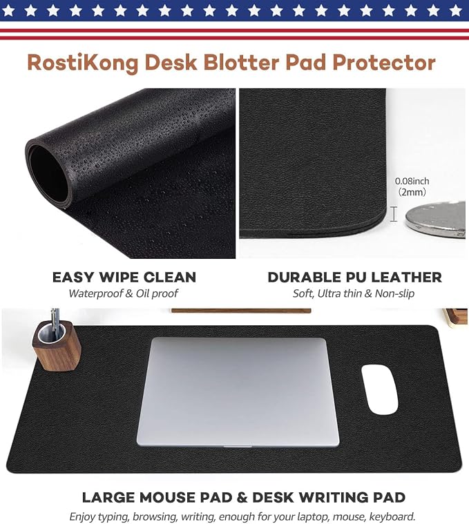 RostiKong Desk Mat - Dual Use Office Desk Pad PU Leather Blotter Protector Computer Laptop Keyboard Writing Mouse Pad Waterproof Decorative Cover (16'' x 32'' Black)