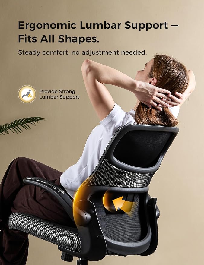 Small Mesh Office Chair with Flip-Up Arms, Ergonomic Desk Chair | Adaptive lumbar contour, 2.8inch dual-density foam and quiet casters aid computer work; 90° folding design tucks under table