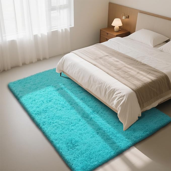 Teal Blue Rug Fluffy Rugs, 5x8 Teal Area Rugs for Bedroom, Soft Play Mat, Indoor Floor Carpet for Teen, Preppy Dorm, Plush Aesthetic Bedside Rug
