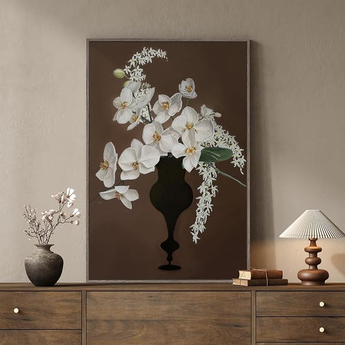 Framed Vintage Floral Vertical Wall Art, Retro White Orchid Flower Canvas Artwork for Kitchen, Classical Moody Dark Botanical Painting Prints for Bedroom Dining Room Living Room Bar Wall decor, 24x36