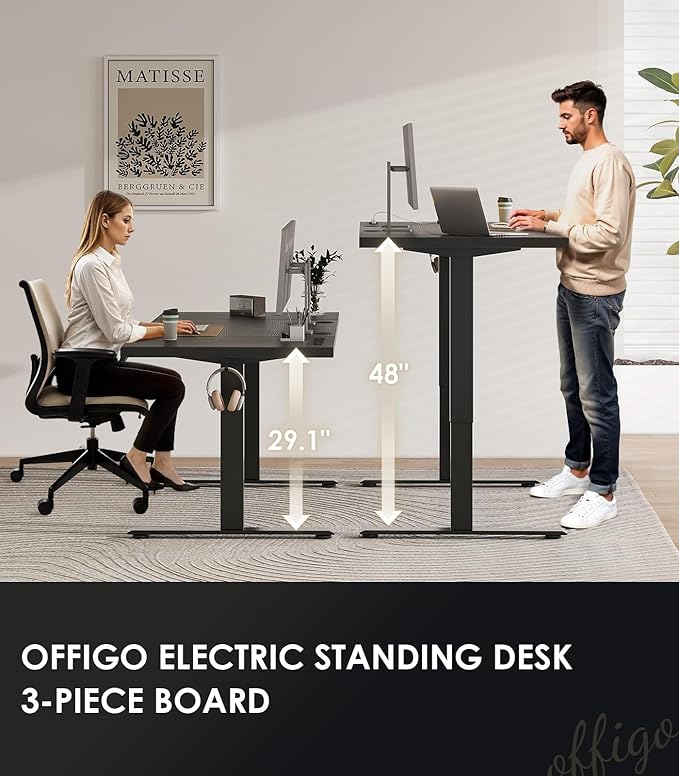 OffiGo 71 Inch Executive Electric Standing Desk Height Adjustable, Black | 1.38" Thick 3-Panel Desktop, Power Outlets, 3 Memory Presets, Dual-Beam Frame for Home Office, Workstation, Conference Room