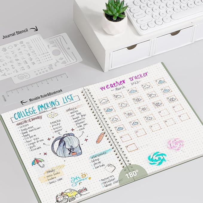 AHGXG Dotted Journal - Dot Grid Spiral Notebook B5, 140 Pages, 100 GSM Thick Paper, Waterproof Plastic Cover Journals for Bullet Journaling, Sketching, 7.6" x 10", Sage Green
