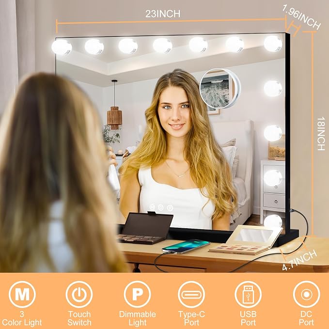 Moonee Vanity Mirror with Lights, Black Hollywood Lighted Makeup Mirror with 15 Dimmable Bulbs and 10X Magnification, 3 Colors Modes, Aluminum Metal Frame, Light Up Mirror for Tabletop/Wall（23" x 18"）