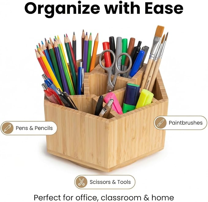 360° Rotating Bamboo Desk Organizer Hexagon | Wooden Desktop Storage, For Artists, Office Supplies, Makeup Brushes, Minimalist Desk Accessory