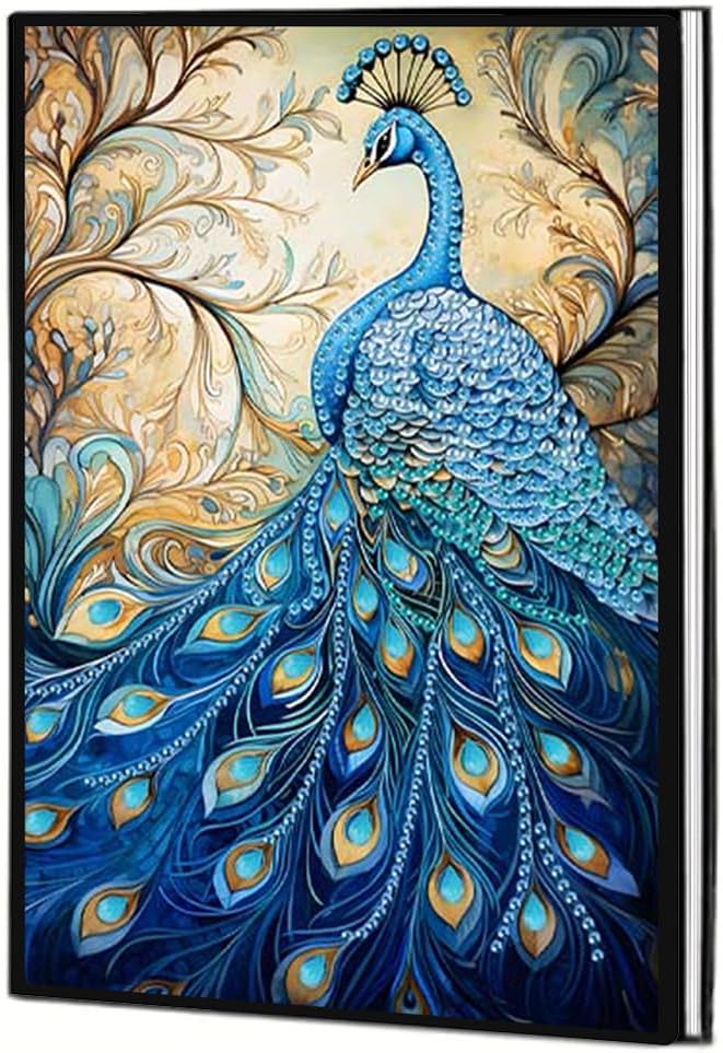 FRANDEK Pearl Painting Notebook Kit, Blue Peacock A5 DIY Journal with 50 Blank Pages, Diamond Gem Art Cover with Waterproof Canvas, Beginner Craft Set with Full Tools for Adults