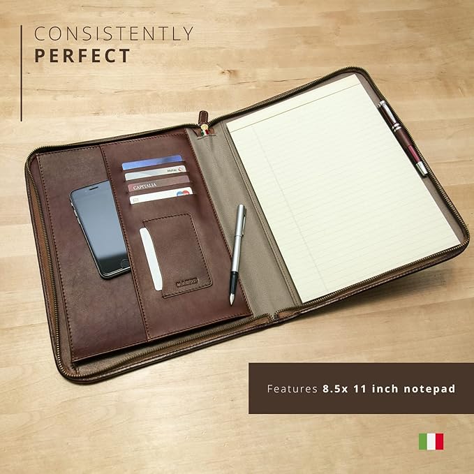 Personalized Maruse Leather Portfolio Padfolio - Executive Folio for Men and Women with Zipper, Folio Document Organizer, Laptop Sleeve, iPad Case and Folder - Made in Italy, Monogram Brown