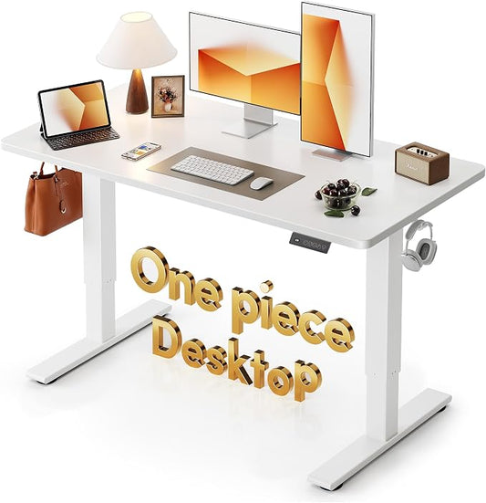 CubiCubi One-Piece Standing Desk, 55 x 28 Electric Height Adjustable Computer Desk, Sit Stand up Home Office Workstations with Whole-Piece Desktop, White