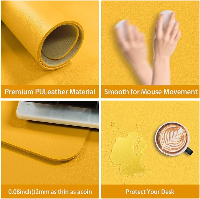 Leather Desk pad Protector, Office Mat, Large Mouse Mat, Non-Slip PU Leather Blotter, Laptop Desk Pad,Waterproof Laptop Computer Desk Keyboard Mat for Office/Work/Home/Decor (Yellow, 33In*13in)