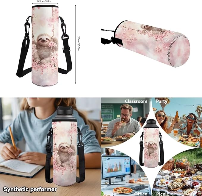 Cute Sloth Backpack for Kids Girls Elementary School 4PCS Set, 17 Inches Cherry Blossoms Bookbag with Lunch Box for Kids Age 6-8 Back to School, 1st 2nd 3rd Grade