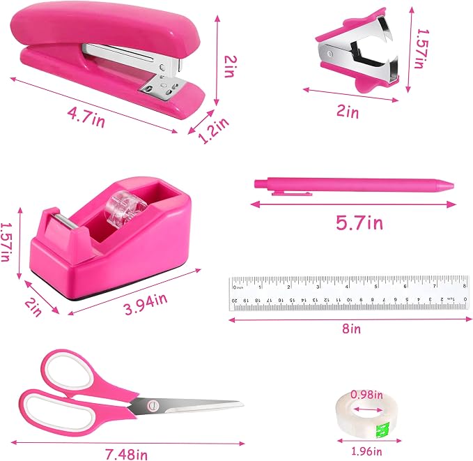 Dimonluce Hot Pink Desk Accessories, Hot Pink Office Supplies Accessories with Tape Dispenser, Stapler, Staple Remover, 1000 Staples, Tape, Clips Set, Ruler, Scissor, Pen