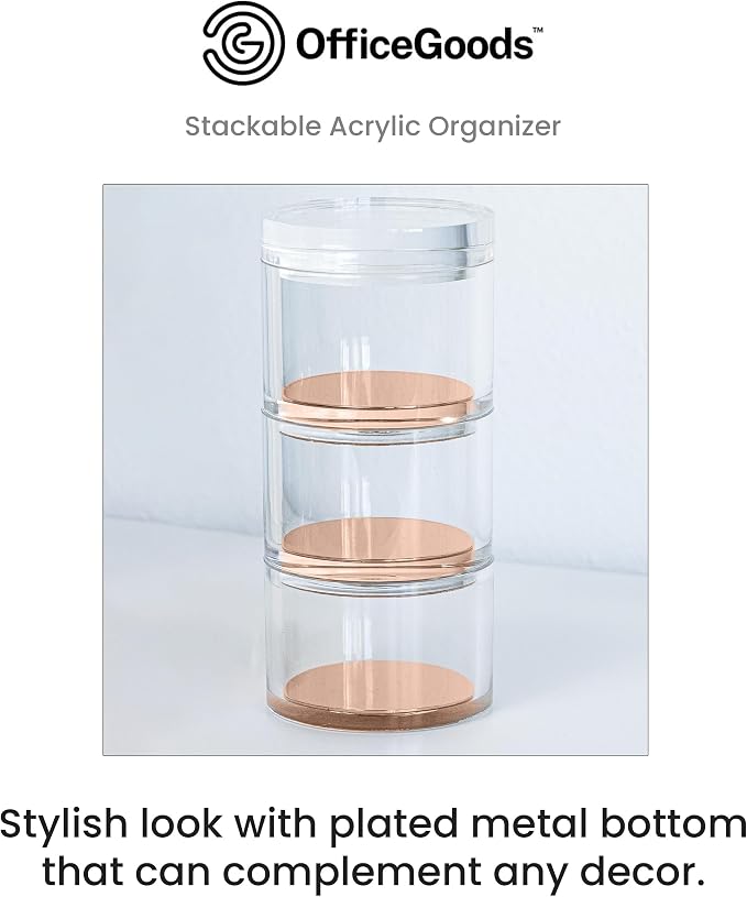 3-Tier Stackable Acrylic Holder, Clear with Rose Gold Base | Stylish desk organizer and storage for office or home, Transparent round design, Functional and elegant desk accessories