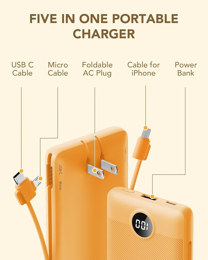 Portable Charger Built-in Cables and AC Wall Plug,VRURC Power Bank 10000mAh | Travel Battery Phone Charger Compact Lightweight External Battery Pack for Smart Phones, Tablets - Orange