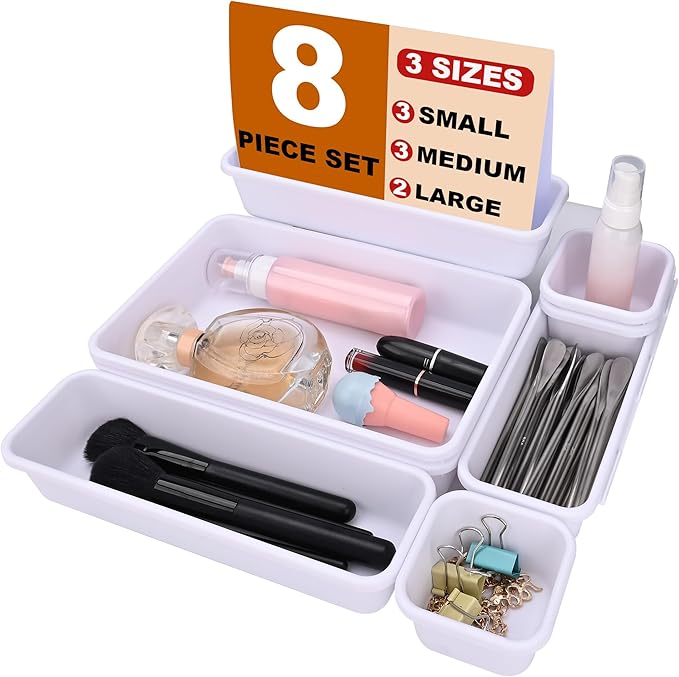 Desk Drawer Organizer Tray Set, 8PCS Plastic Drawer Organizer Bins for Office, Makeup, Kitchen - White Desk Organizer with Flexible Interlocking Design for Efficient (White, 8PCS)