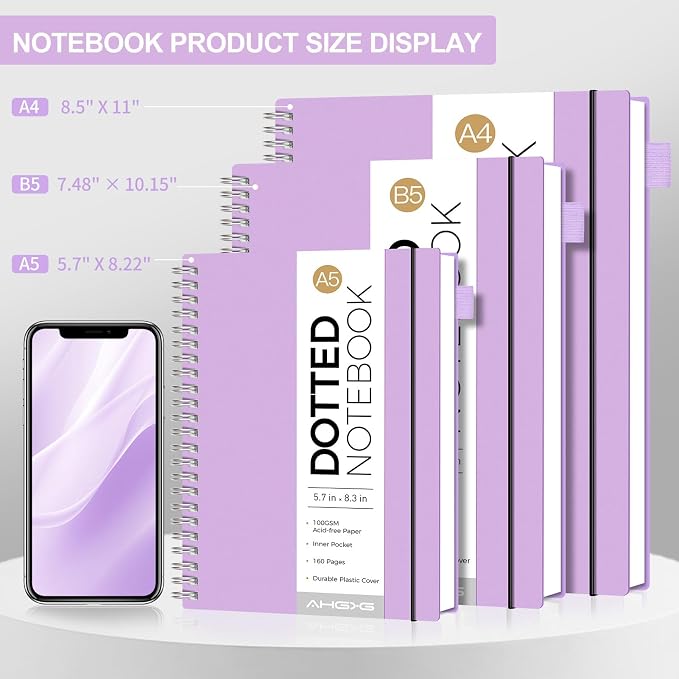 AHGXG Dotted Journal - Dot Grid Spiral Notebook A5, 160 Pages, 100 GSM Thick Paper, Waterproof Plastic Cover Journals for Bullet Journaling, Sketching, 5.7" x 8.3", Purple