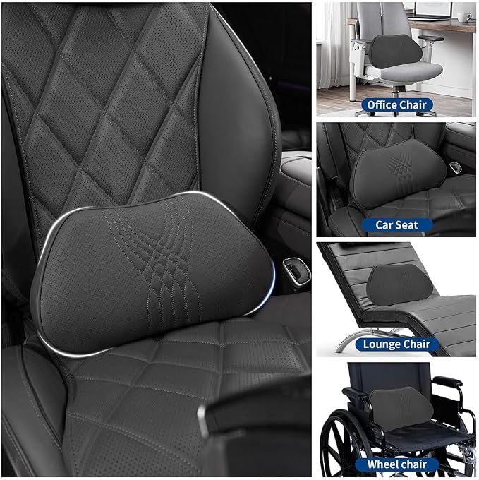 Lumbar Support Pillow for Car Seat, Office Chair, Black, 1PC | Leather Lumbar Pillow Memory Foam Lower Back Cushion for Back Pain Relief Improve Posture, Ergonomic Back Rest Gaming Chair
