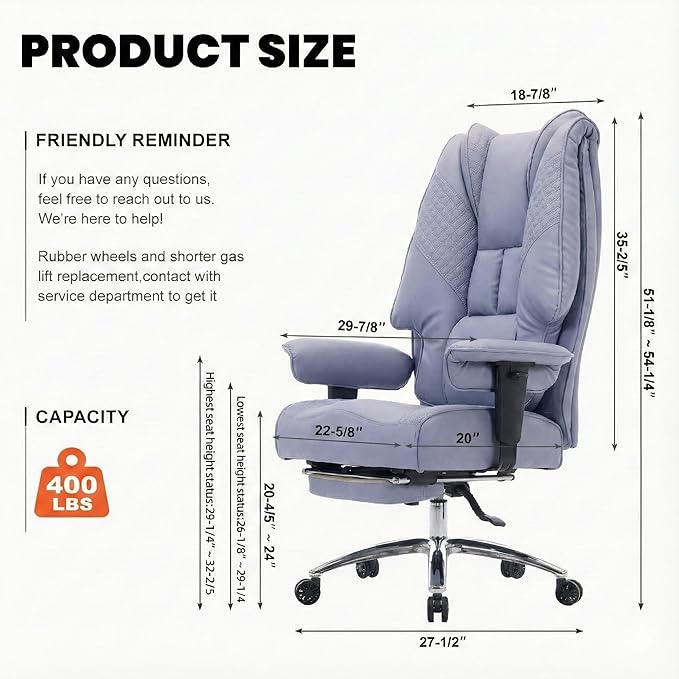 Big and Tall Office Chair 400lbs Wide Seat, Leather High Back Executive Office Chair with Foot Rest, Ergonomic Chairs Lumbar Support for Lower Back Pain Relief (Light Purple)