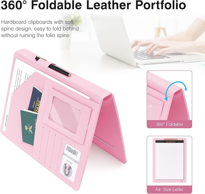 Ospelelf Pink Business Padfolio for Women, Faux Leather Clipboard Folio with Notepad and Pocket, Resume Legal Pad Holder