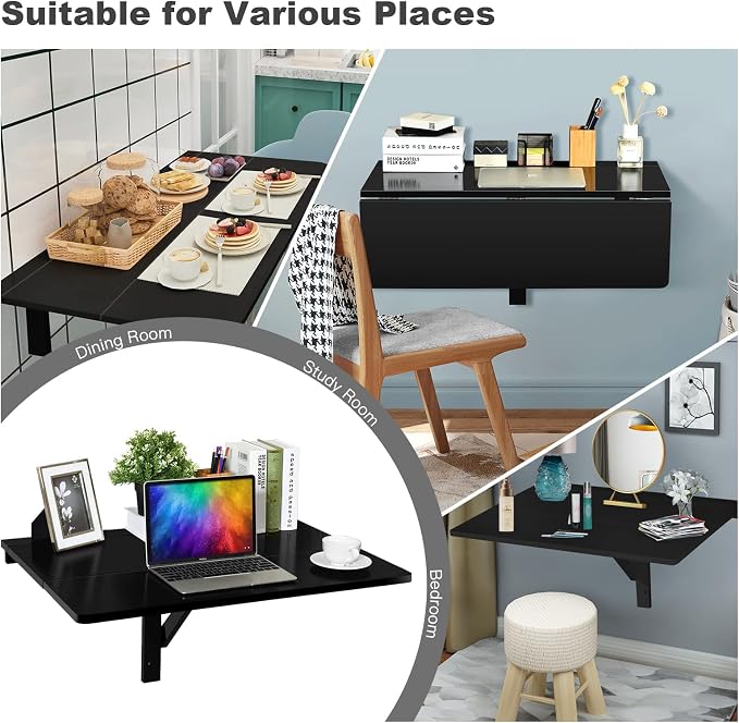 COSTWAY Wall Mounted Folding Table, 31.5" x 23.5" Drop-Leaf Floating Writing Desk for Small Spaces, Space-Saving Fold Down Laptop Workstation for Kitchen, Bedroom, Laundry Room, Study Room (Black)