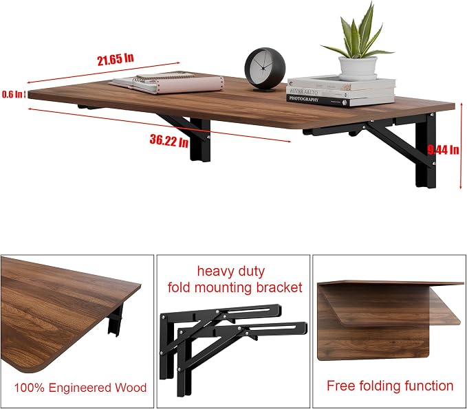 Floating Foldable Desk,Wall Mounted - Folding Computer Table with Engineered Wood,Study Table with Shelf Brackets,Fold Down Shelf,Fold Computer Desk for Small Apartment,Holds 500 lb,36" x 22",Walnut