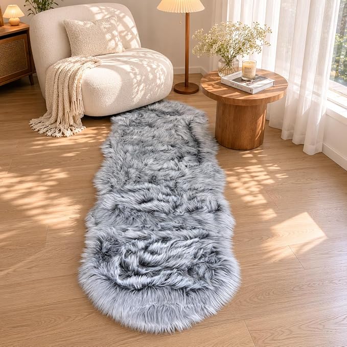 EasyJoy Faux Sheepskin Rug, 2 x 6 ft, Frosted Bottom Gray | Fluffy Faux Fur, Ultra Soft Shag, Non-Slip Backing, For Bedroom, Living Room, Nursery, Kids Room
