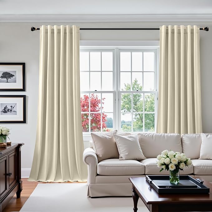 Extra Long Ivory Velvet Curtains 102 Inches for Living Room, Thermal Insulated Room Darkening Sound Reducing Curtain Privacy Drapes for Bedroom Office, Back Tab Rod Pocket, W52 x L102, 2 Panels