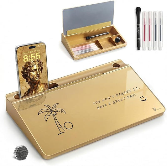 TOWON Small Compact Glass Desktop Whiteboard with Storage – 12 x 7 in Dry Erase Board for Desk, Home Office, School | Includes 5 Markers, Eraser & Holder | Space-Saving Organizer, Metallic Gold