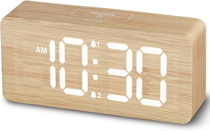 uscce Wooden Digital Alarm Clocks for Bedrooms with 0-100% Dimmable Display | Desk Clock with Large Numbers for Living Room - Loud Dual Alarm for Heavy Sleepers with Volume Control - Wood Decor & Gifts