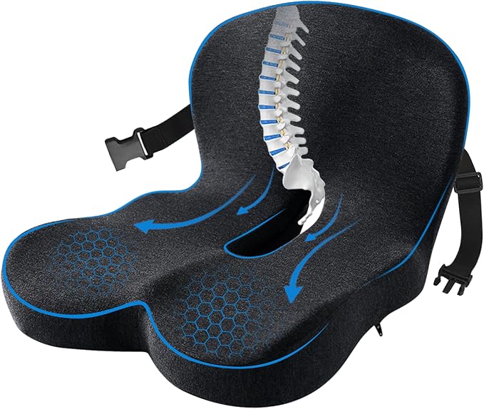 Back and Seat Cushion for Office Chair, Black | Wide ergonomic memory foam, coccyx cutout & adjustable straps, tailbone & back relief, non-slip for car, home & gaming