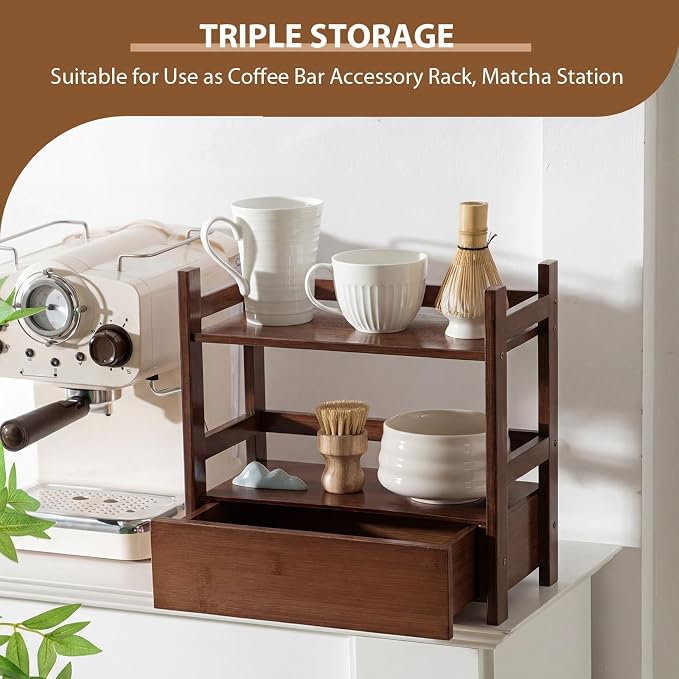 2 Tier Matcha Station Bamboo Organizer with Hidden Drawer, Wood Home Coffee Station Organizer for Kitchen Countertops, Coffee Bars, Kitchen & Office Storage(13" L x 6.5" W x 12.6" H)(Brown)