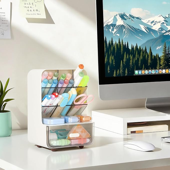 LETURE Desk Organizer with Vertical 6-Compartment & Drawer, Stationery & Makeup Storage, Pen Holder for Office, Home, Art Supplies, Desk Accessories for Desktop Dresser (White)