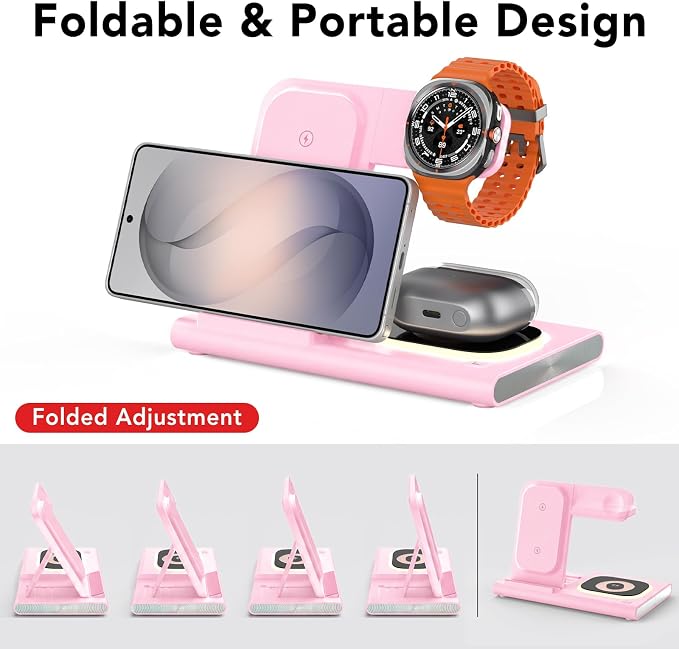 Wireless Charger for Samsung Charger (Foldable & Nightlight),3 in 1 Charging Station for Samsung S26 Ultra/S25/S24/S23/S22/Note20 Z Fold Flip7, Travel Charger for Galaxy Watch 8/7/6/5/4/3/Galaxy Buds4