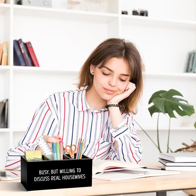 Funny Pen Pencil Holder for Desk, Funny Office Gifts for Coworkers, Busy But Willing to Discuss Housewives Wooden Box Sign Organizer for Office Workplace Desk Accessories Tabletop Decorations