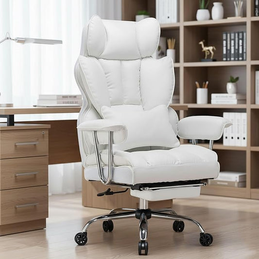 Efomao Big and Tall Office Chair 400lbs, Executive PU Leather Desk Chair with Footrest & Lumbar Support, Heavy Duty Computer Seating for Home, White