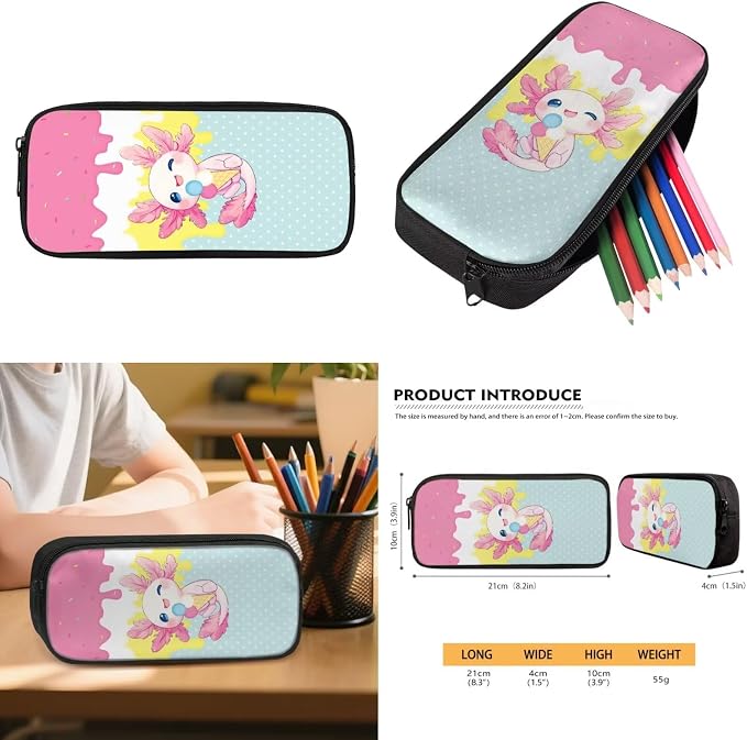 WELLFLYHOM Axolotl Ice Cream Kids Book Bags for Girls 10 Years Old Girls School Backpack 8-12 Elementary Junior Dayback Insulated Lunch Box Pencil Case Water Bottle Holder