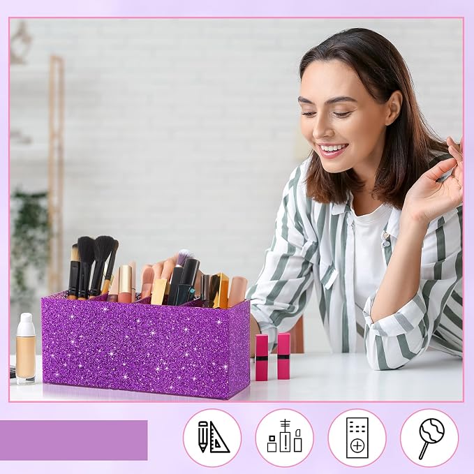 Jetec Acrylic Glitter Pen Holder 4 Compartments Bling Makeup Brush Stationery Organizer Pencil Holder for Desk Accessories Sparkly Gifts for Women Birthday Valentines Desktop Workplace Office(Purple)