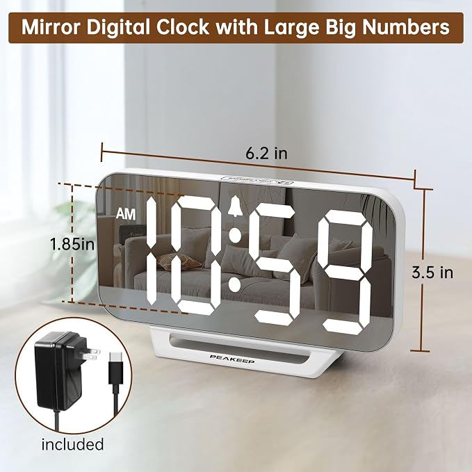 Peakeep Slim Digital Mirror Aesthetic Alarm Clock for Bedrooms Desk Decor | Plug in Electric Big LED Modern Small Clock for Office Living Room, Battery Backup, 6 Dimmers (White)