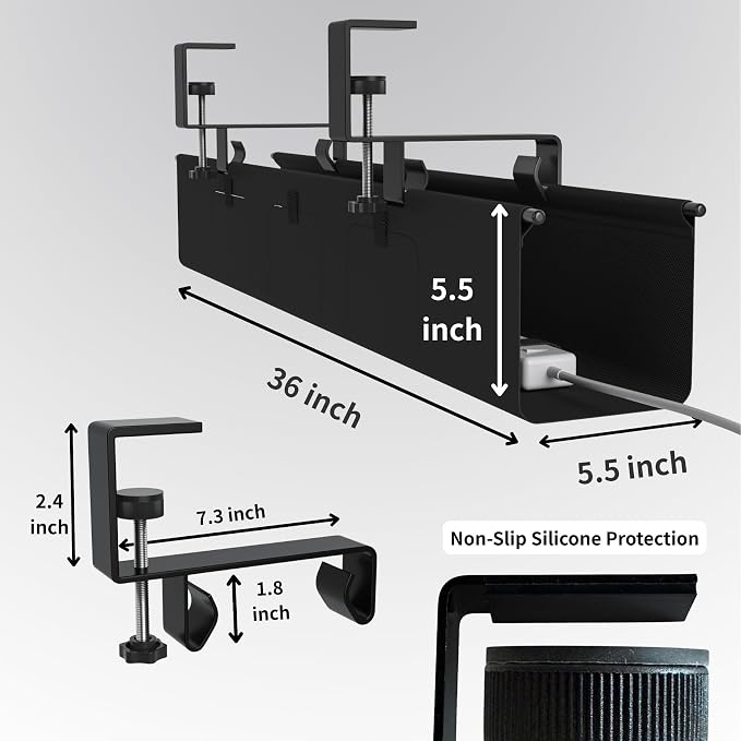 Under Desk Cable Management Tray, 36” Fabric No Drill Clamp Mount | Cord Organizer for Desk, Heavy Duty Wire Management for Office Home, Black